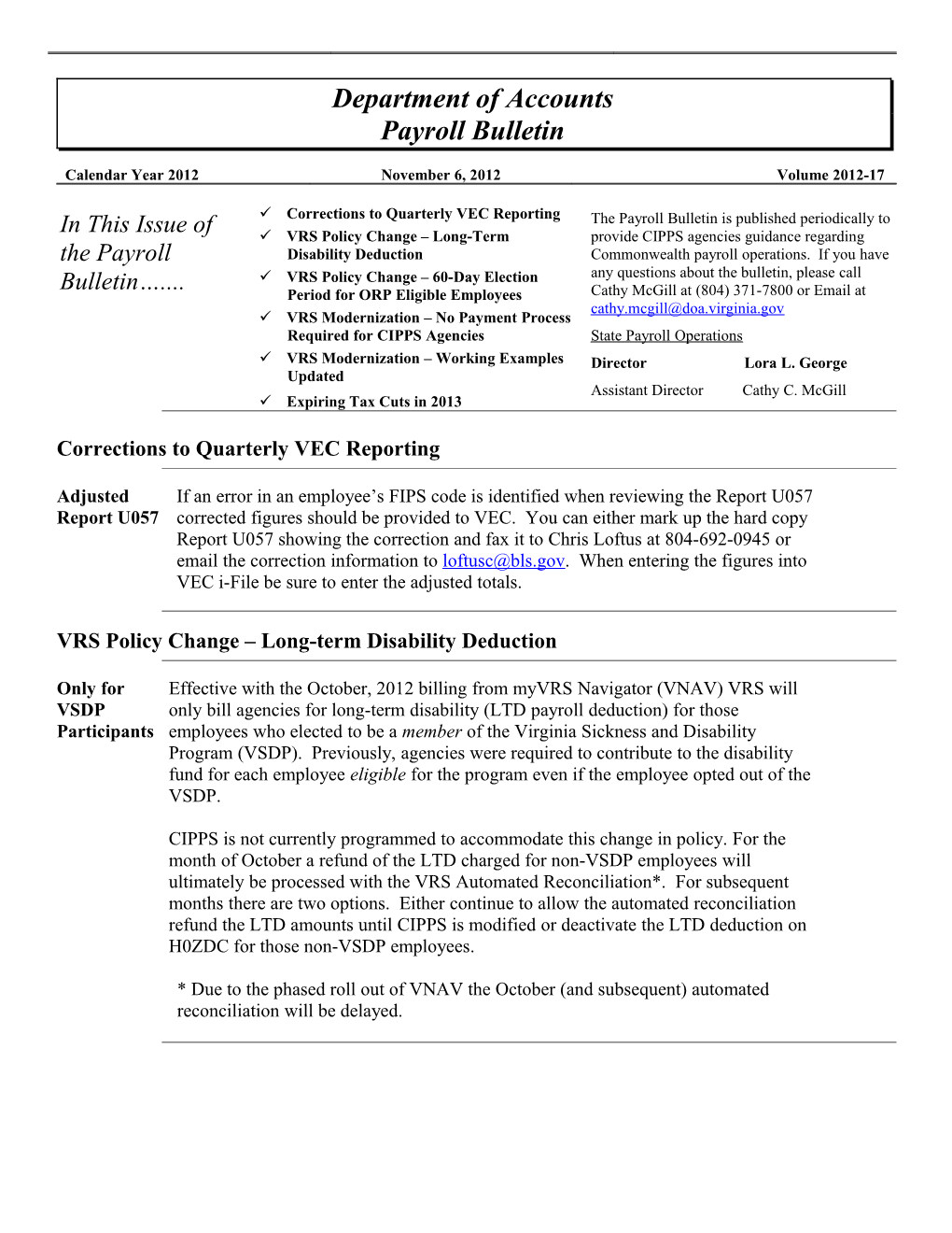 VRS Policy Change Long-Term Disability Deduction