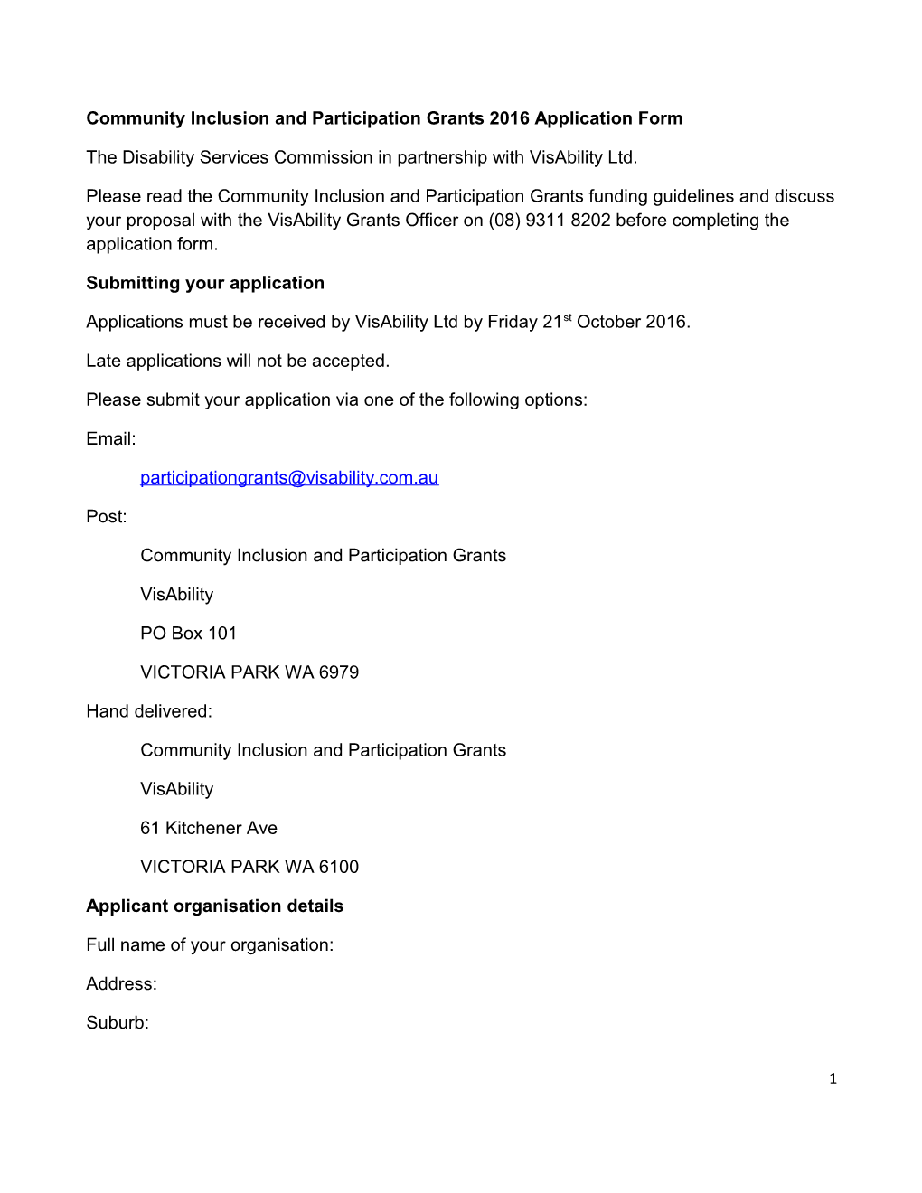 Community Inclusion and Participation Grants 2016 Application Form