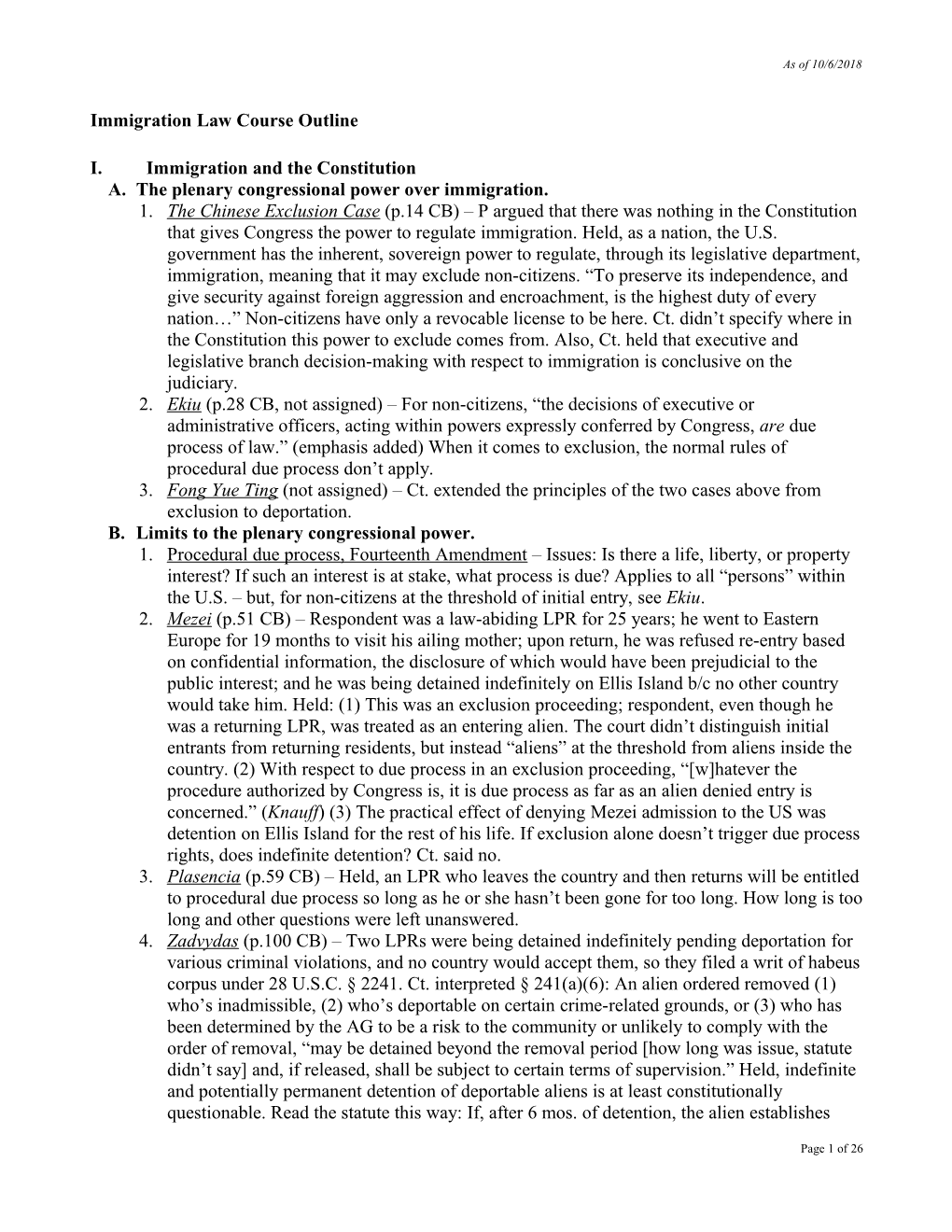 Immigration Law Course Outline