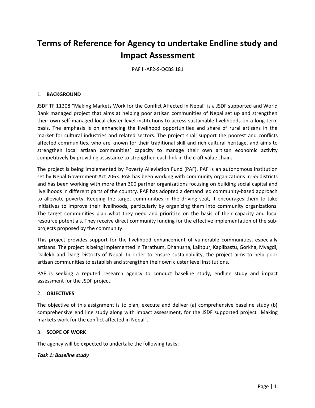 Terms of Reference for Agency to Undertakeendline Study and Impact Assessment