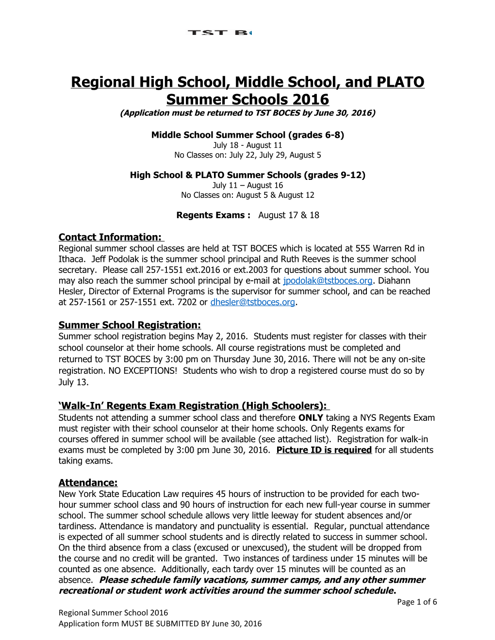 Regional High School, Middle School, and PLATO Summer Schools 2016