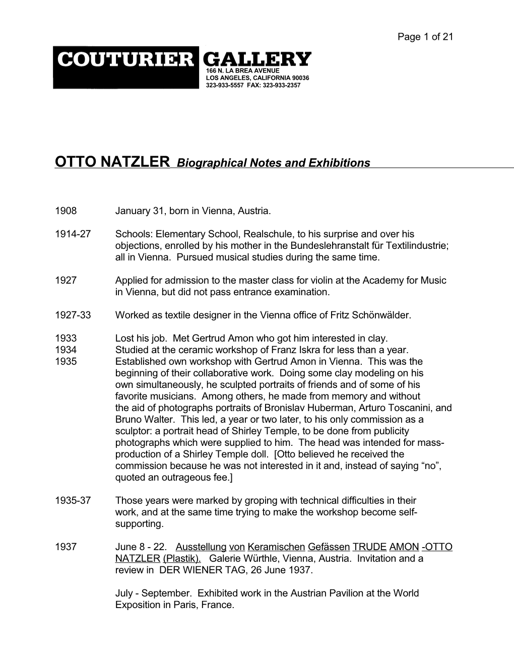 OTTO NATZLER Biographical Notes and Exhibitions
