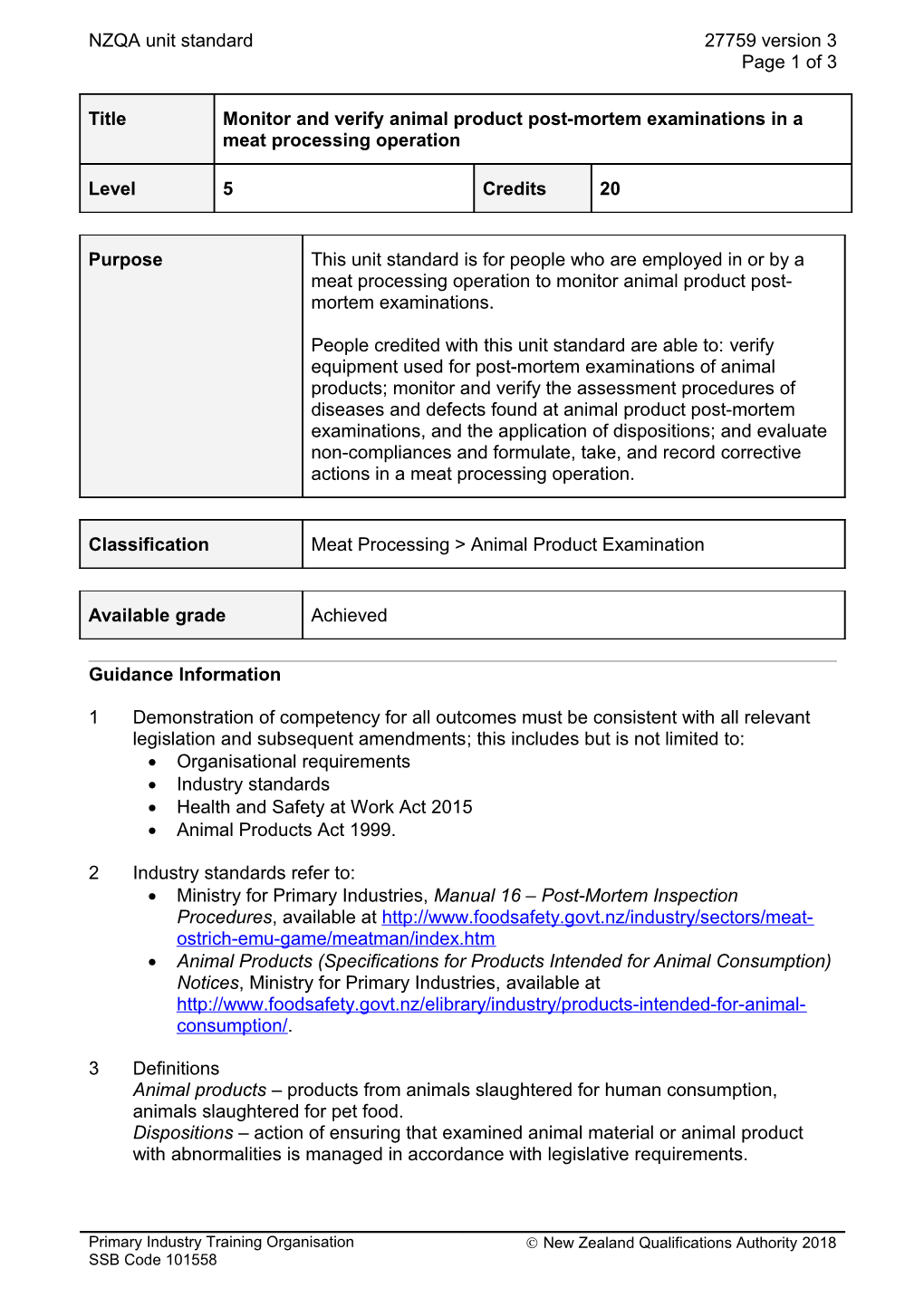 27759 Monitor and Verify Animal Product Post-Mortem Examinations in a Meat Processing Operation