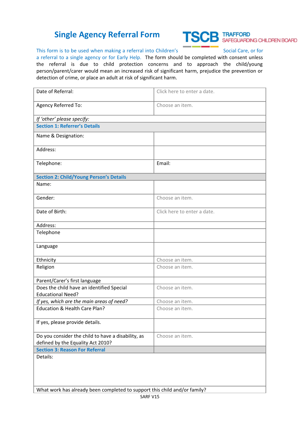 Single Agency Referral Form