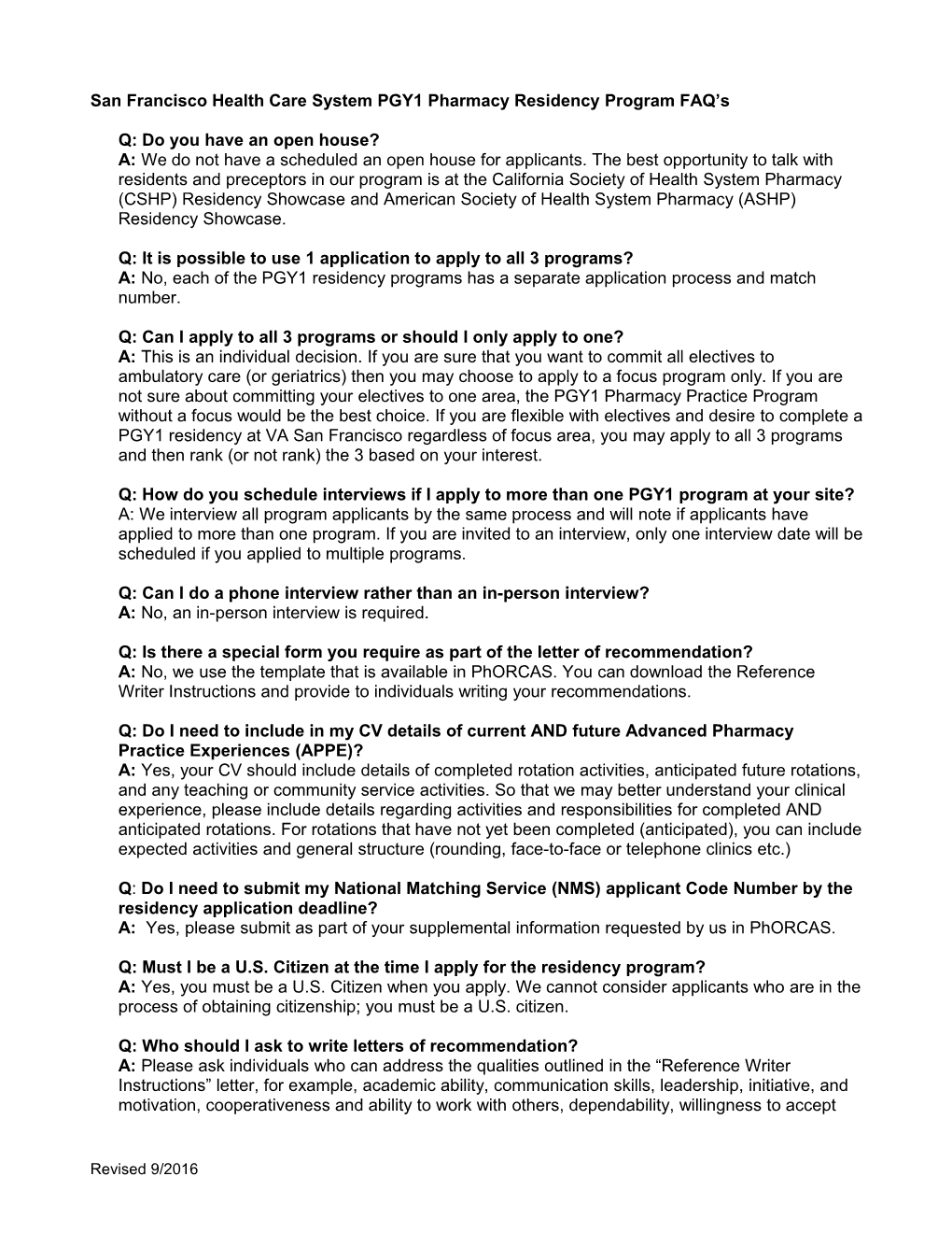 San Francisco Health Care System PGY1 Pharmacy Residency Program FAQ S