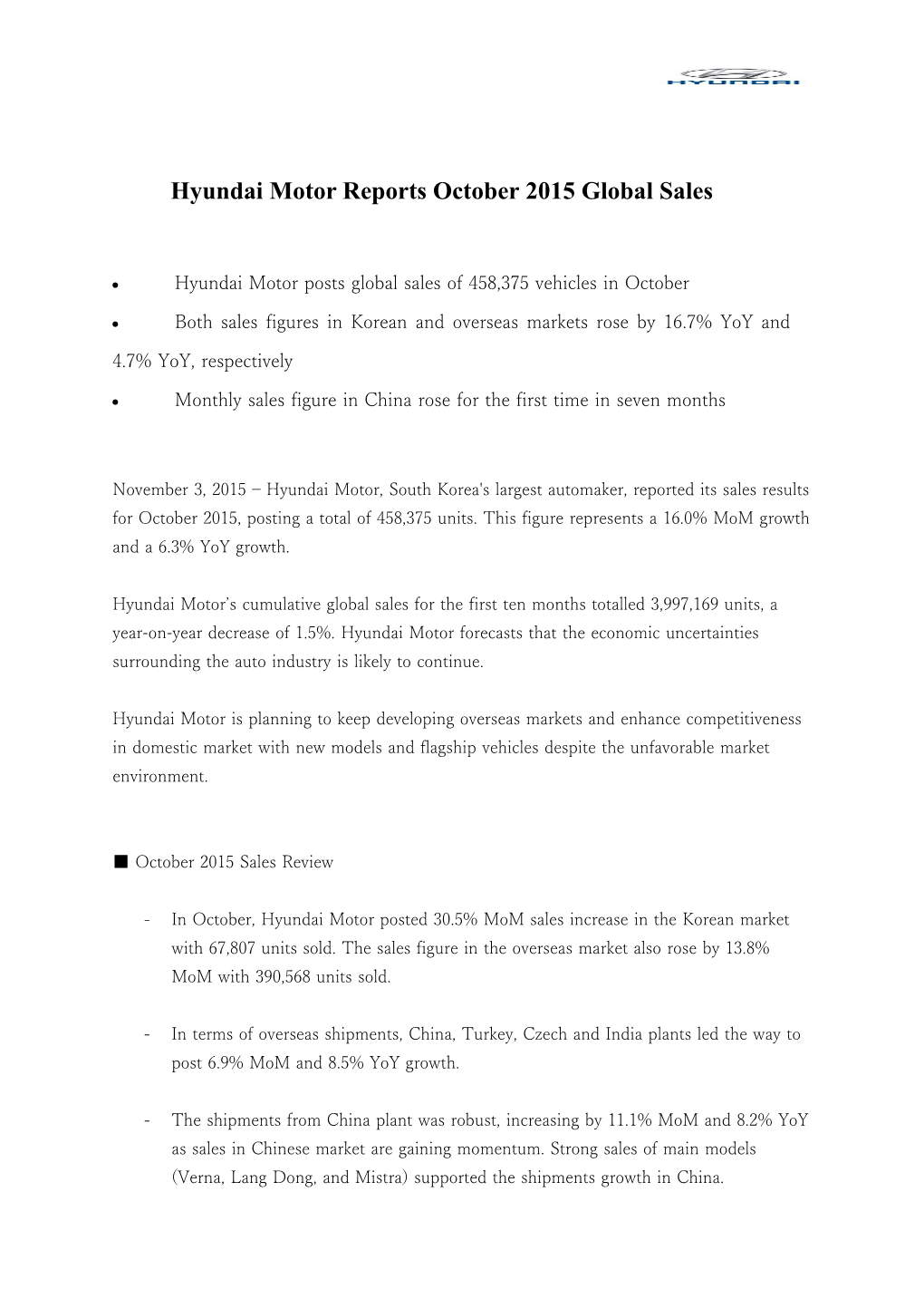 Hyundai Motor Reportsoctober 2015 Global Sales