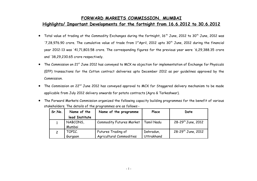 Highlights/Important Developmentsfor the Fortnight from 16.6.2012 to 30.6.2012