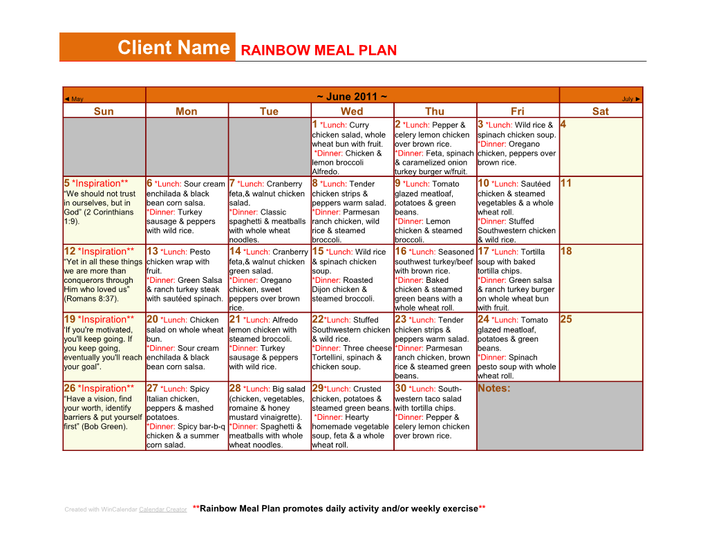 Created with Wincalendar Calendar Creator Rainbow Meal Plan Promotes Daily Activity And/Or