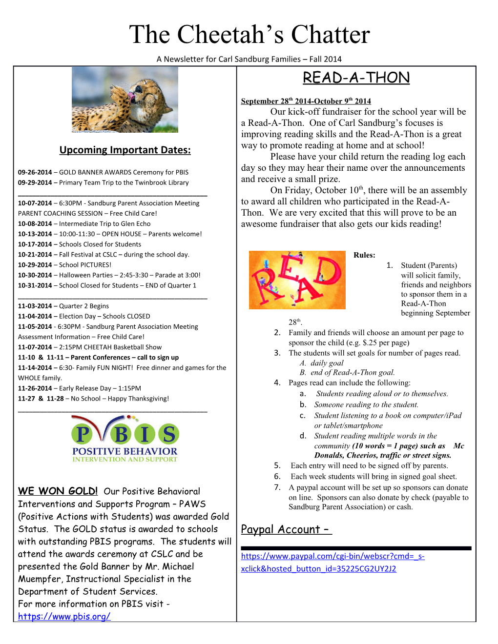 A Newsletter for Carl Sandburg Families Fall 2014