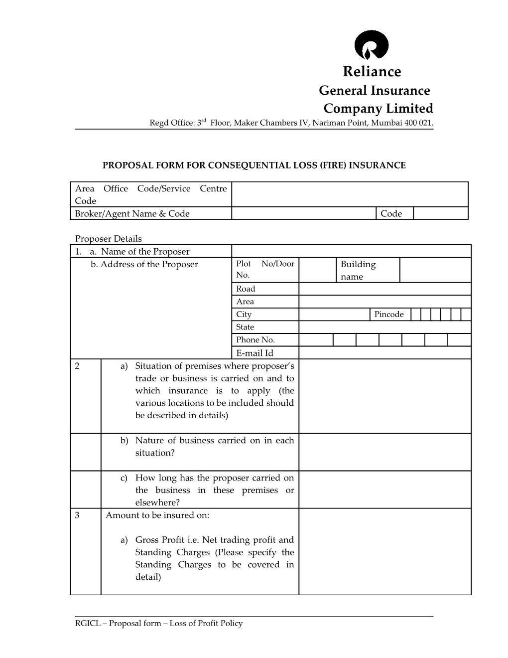 Proposal Form for Consequential Loss (Fire)
