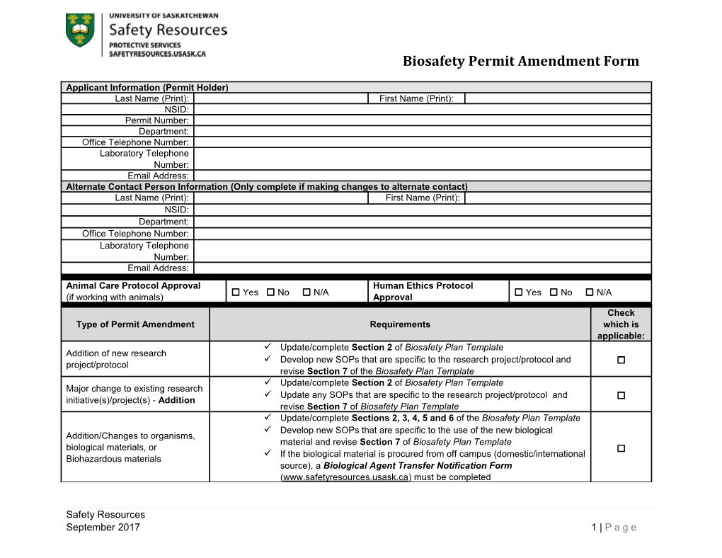 Biosafety Permit Amendment Form
