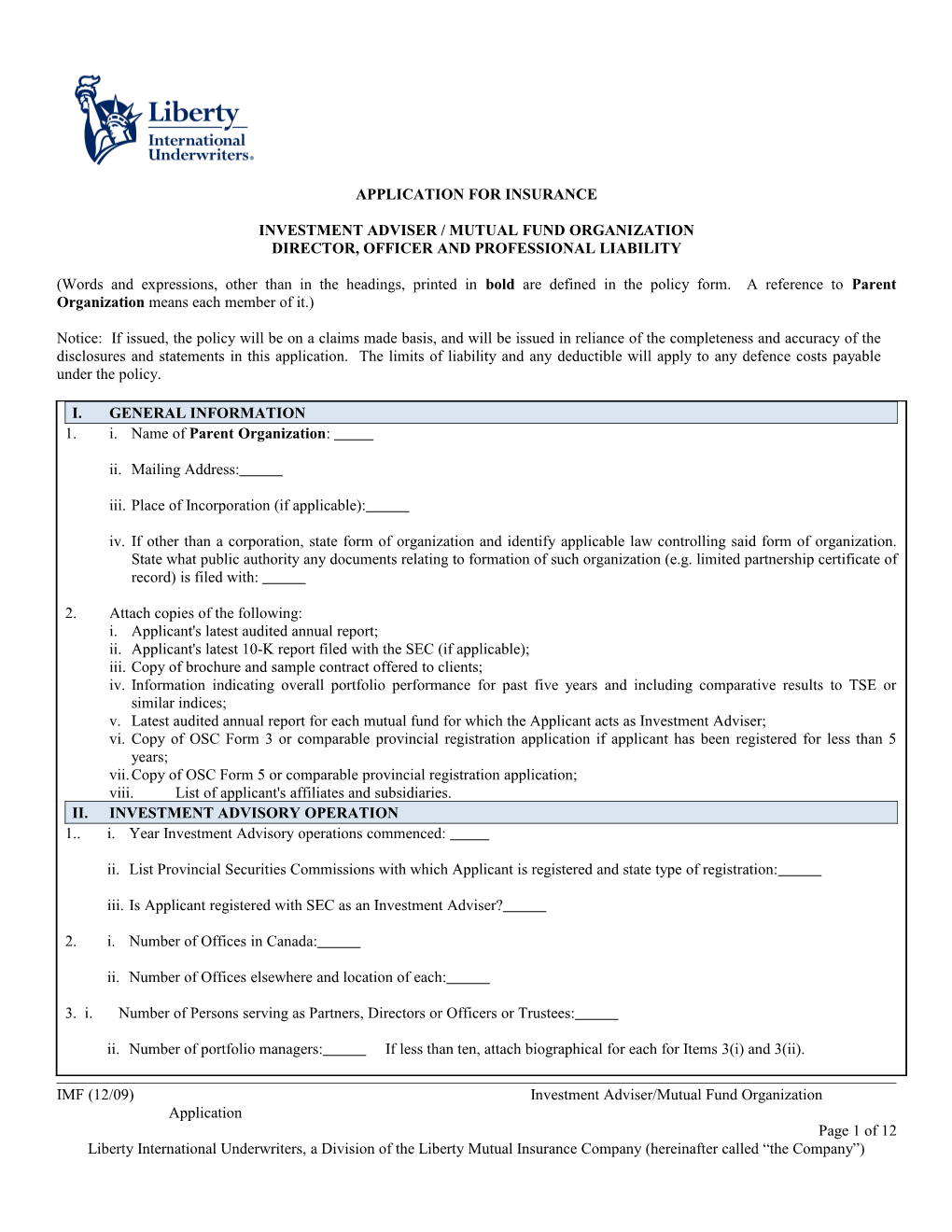 Application - Investment Adviser Mutual Fund D&O/E&O