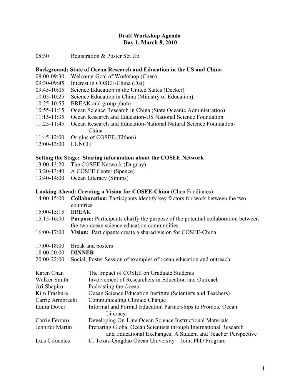 Draft Workshop Agenda