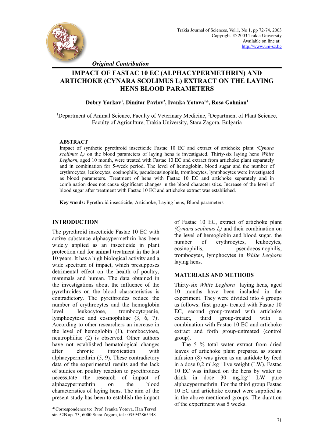 Impact of Fastac 10 Ec (Alphacypermethrin) and Artichoke (Cynara Scolimus L) Extract On