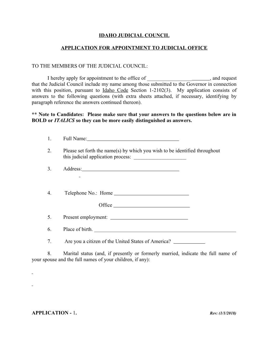 Application for Appointment to Judicial Office