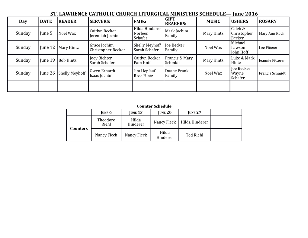 ST. THERESA LITURGICAL MINISTERS SCHEDULE June2016