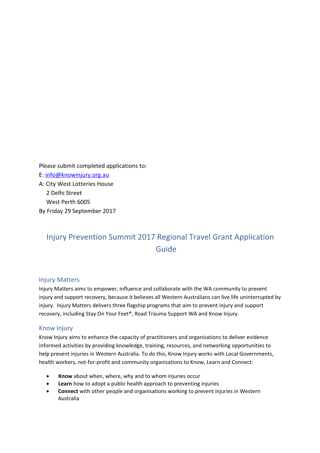 Injury Prevention Summit 2017 Regional Travel Grant Application Guide
