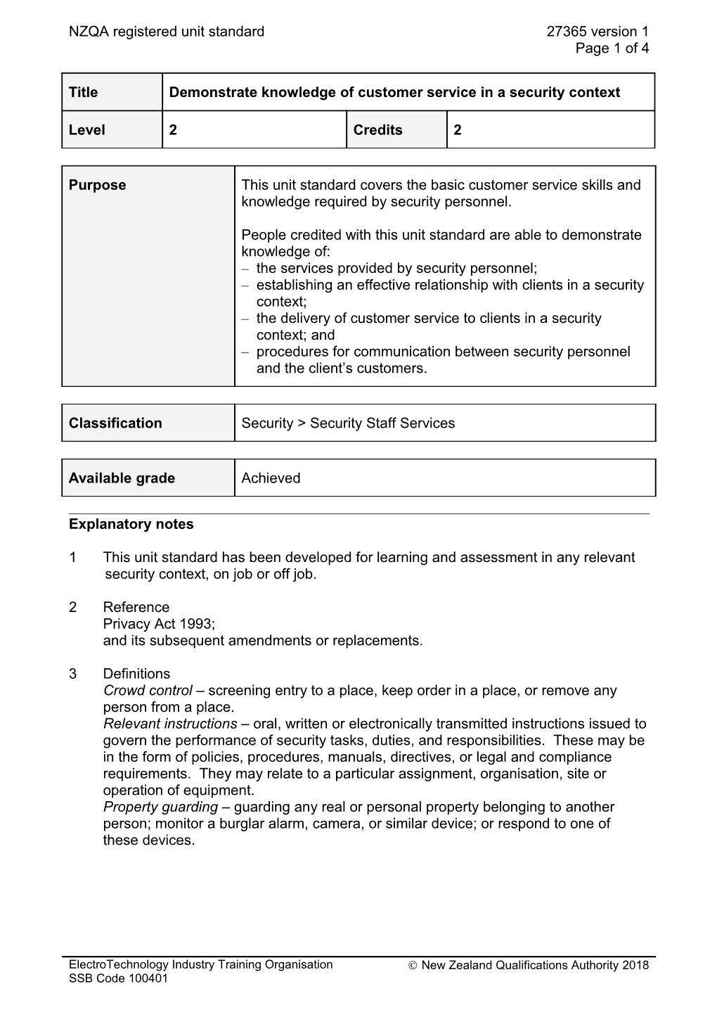 27365 Demonstrate Knowledge of Customer Service in a Security Context