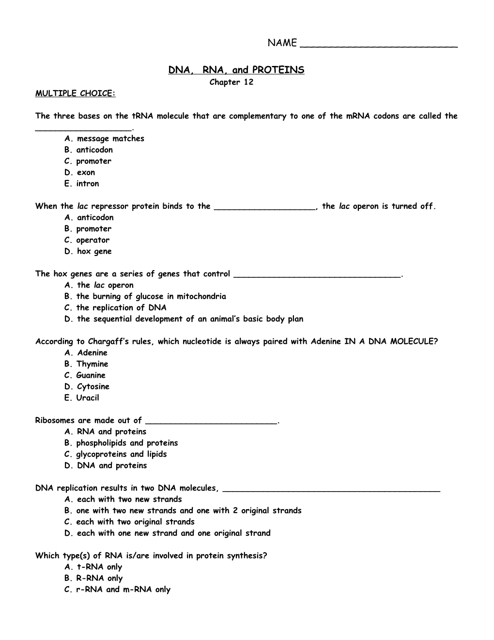 DNA, RNA, and PROTEINS Chapter 12