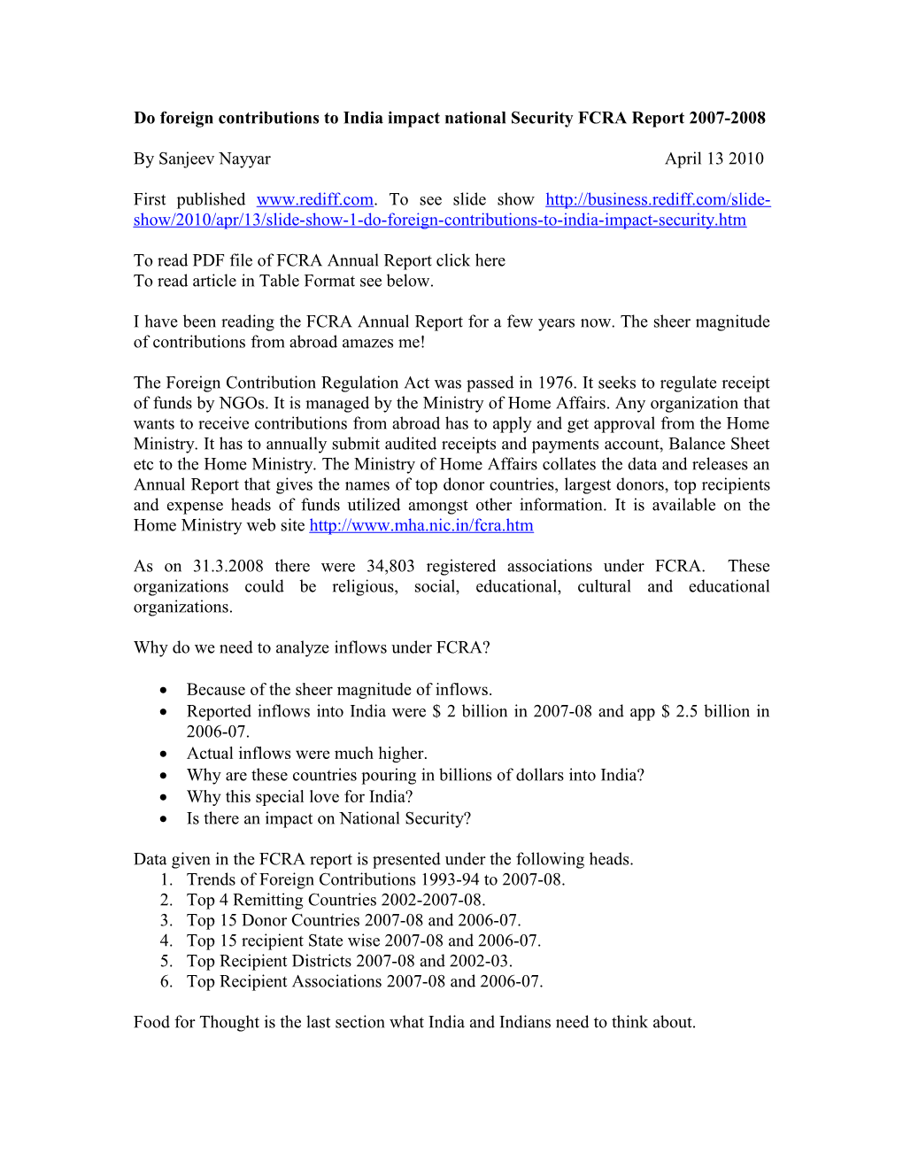 Analysis of Foreign Funding Into India