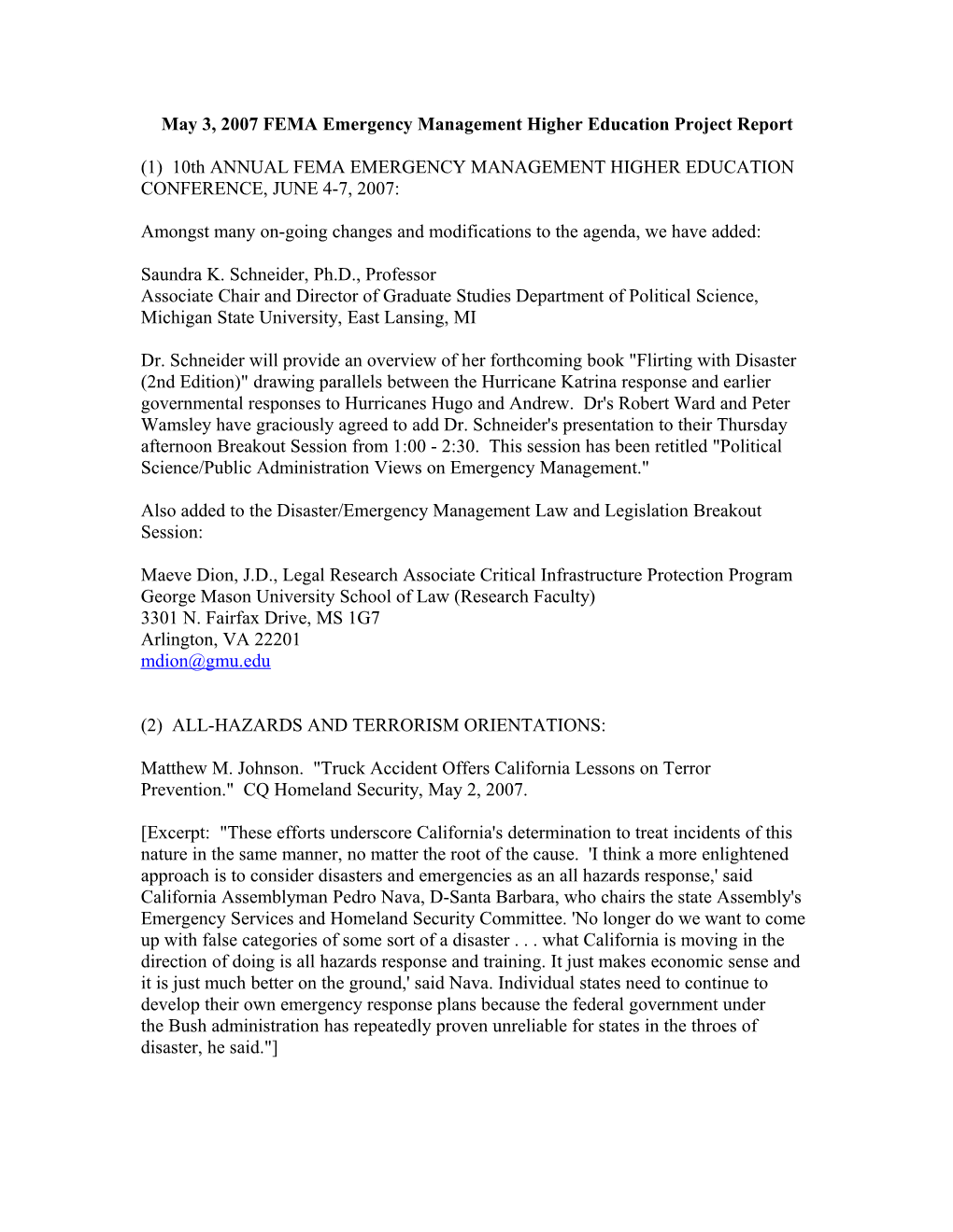 May 3, 2007 FEMA Emergency Management Higher Education Project Report