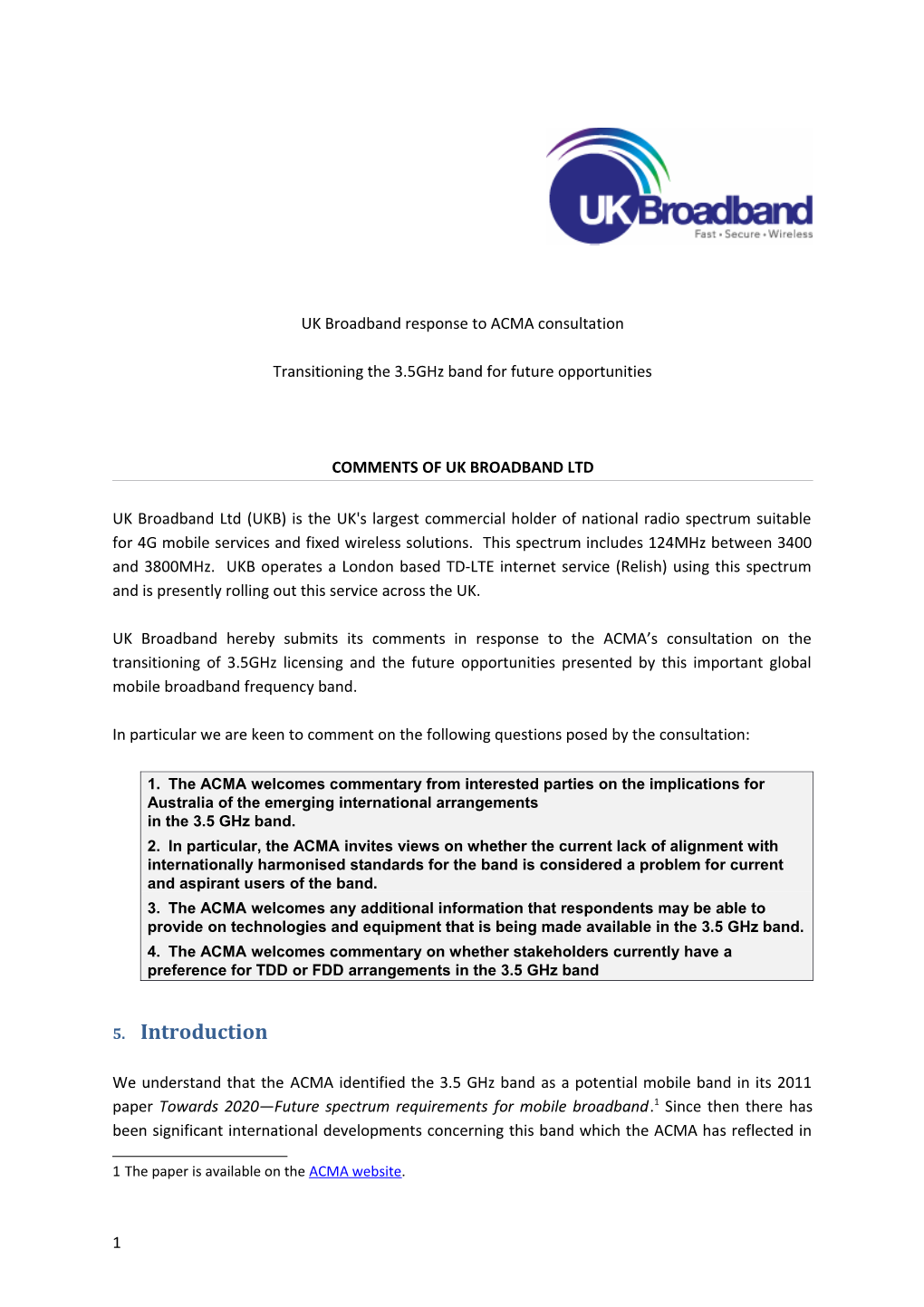 UK Broadband Response to ACMA Consultation