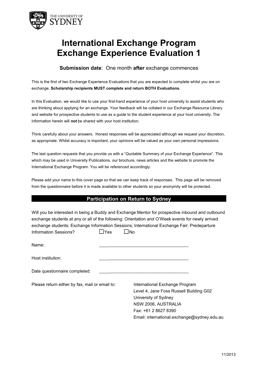 University of Sydney International Exchange Program Exchange Experience Evaluation 1