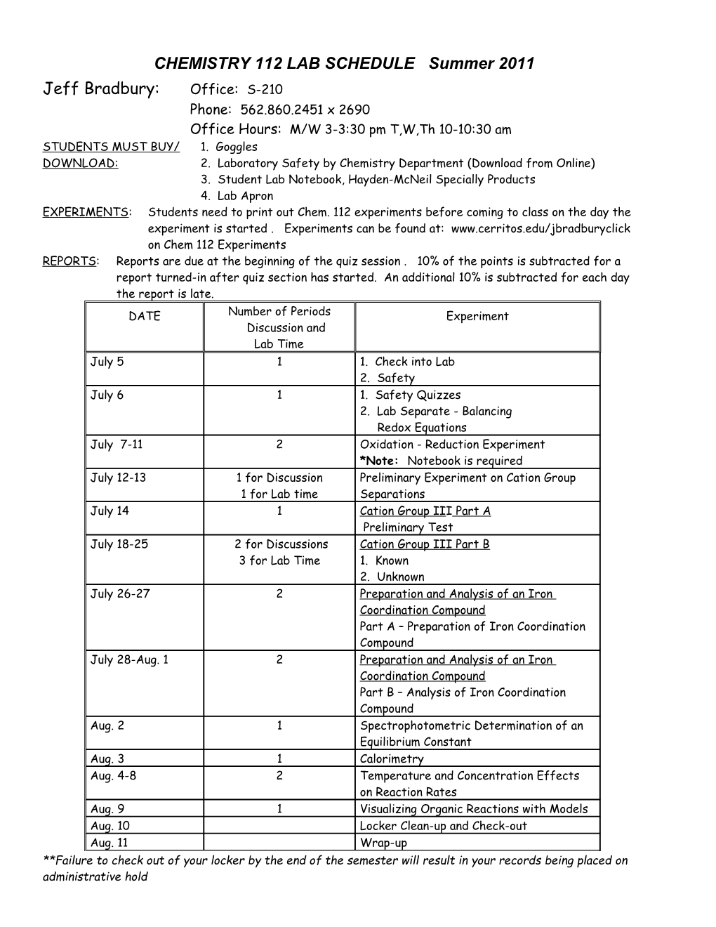 CHEMISTRY 112 LAB SCHEDULE Summer 2011