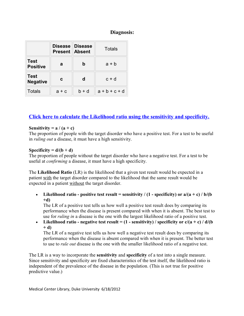 Click Here to Calculate the Likelihood Ratio Using the Sensitivity and Specificity