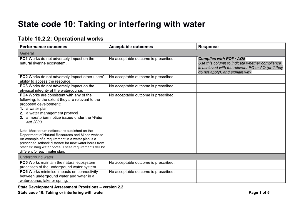 State Code 10: Taking Or Interfering with Water - Response Template