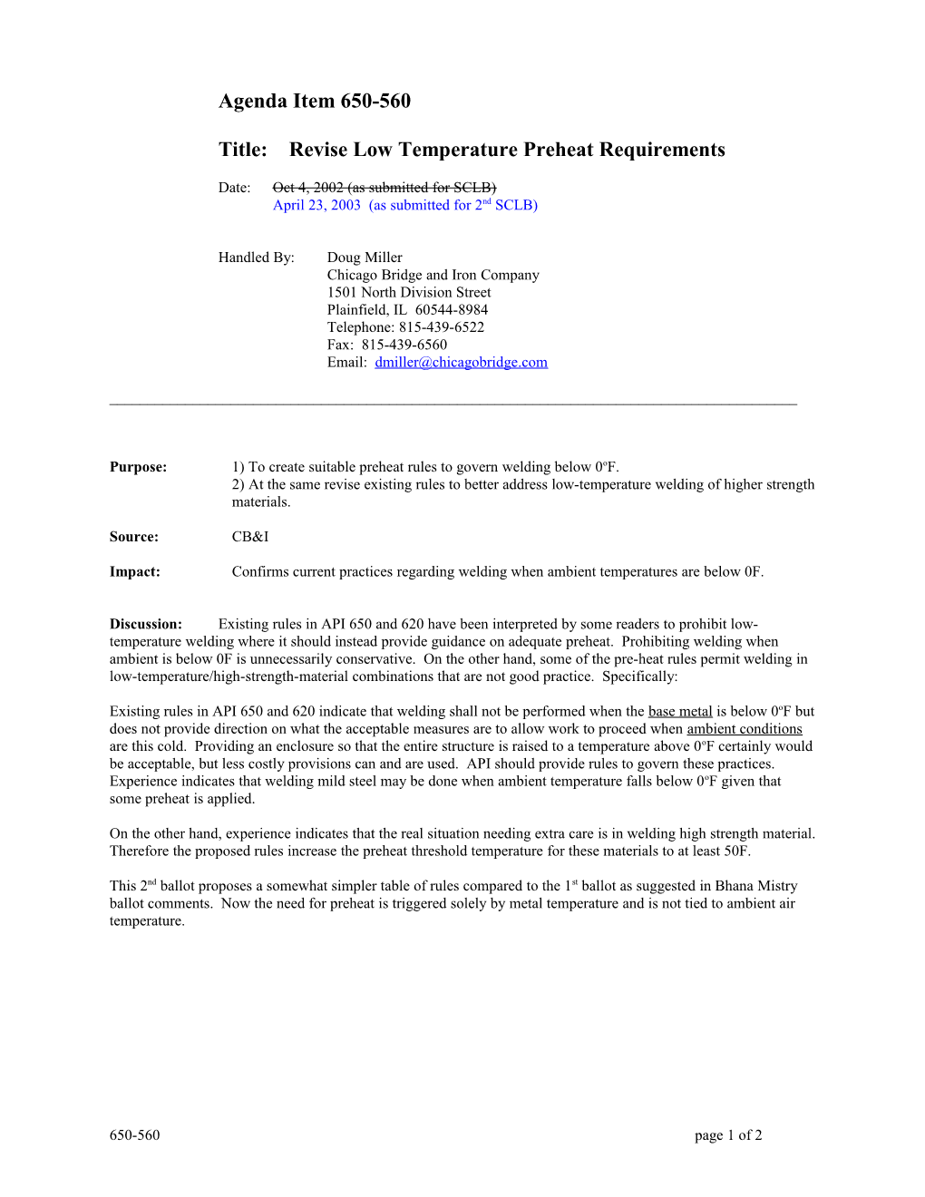 Title: Revise Low Temperature Preheat Requirements