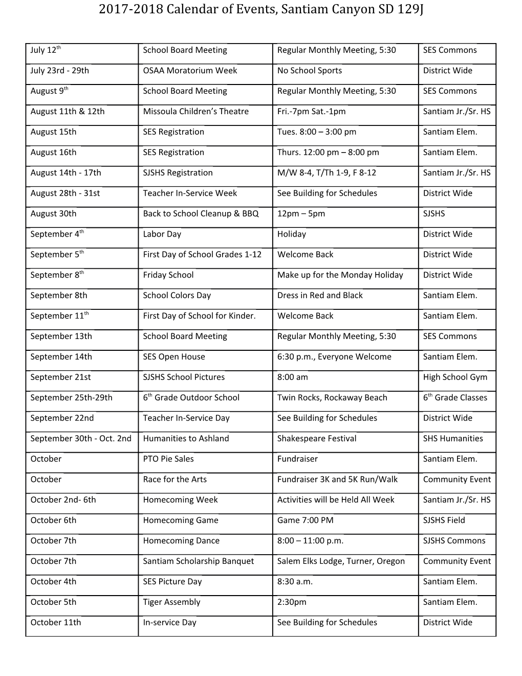 2017-2018 Calendar of Events, Santiam Canyon SD 129J