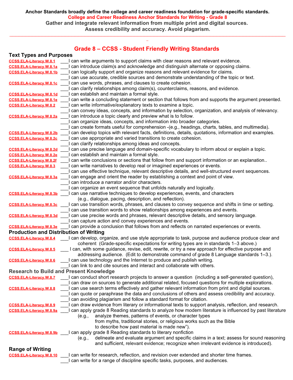 English Language Arts Standards College and Career Readiness Anchor Standards for Writing 8