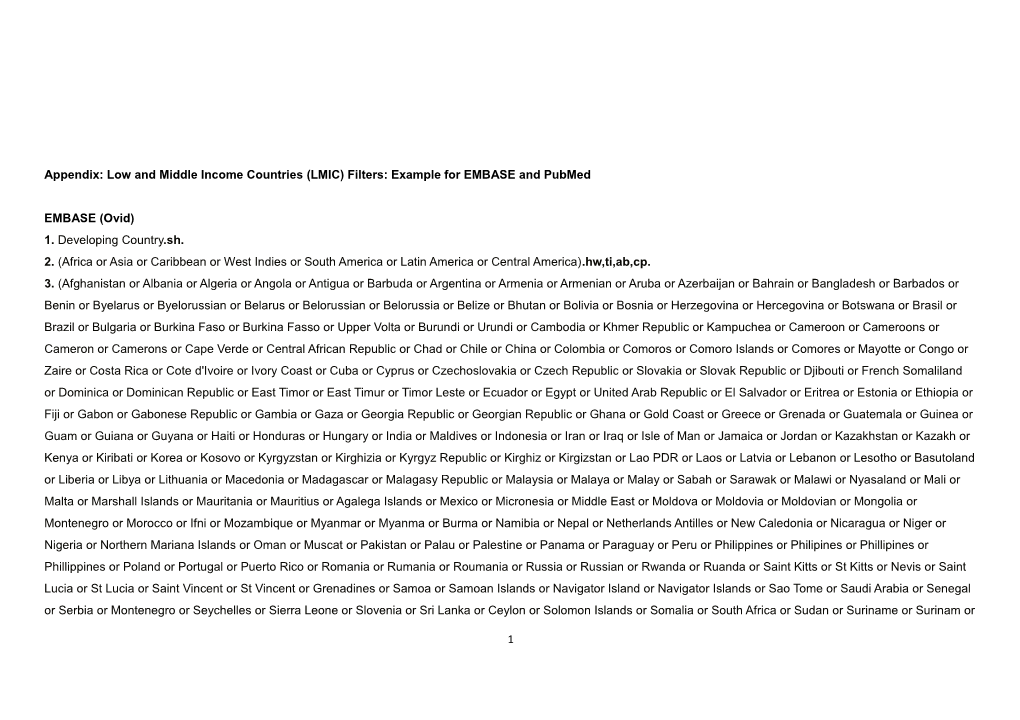 Appendix: Low and Middle Income Countries (LMIC) Filters: Example for EMBASE and Pubmed