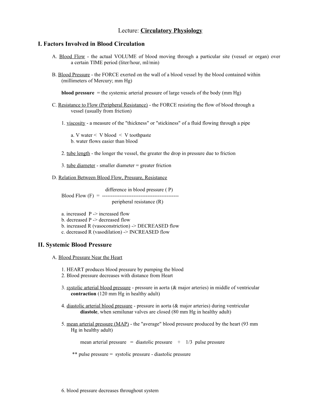 I. Factors Involved in Blood Circulation