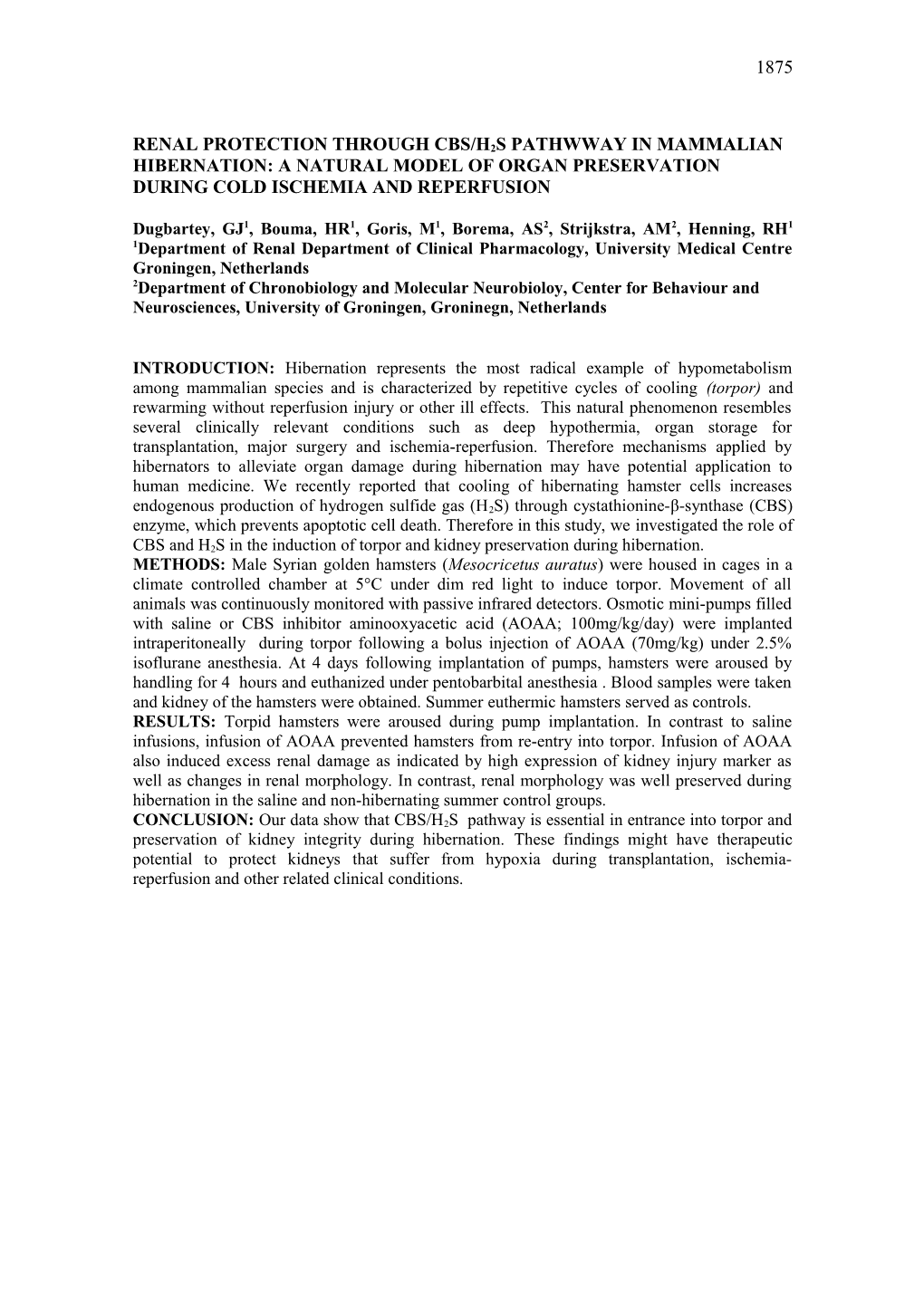 Renal Protection Through Cbs/H2s Pathwway in Mammalian Hibernation: a Natural Model Of