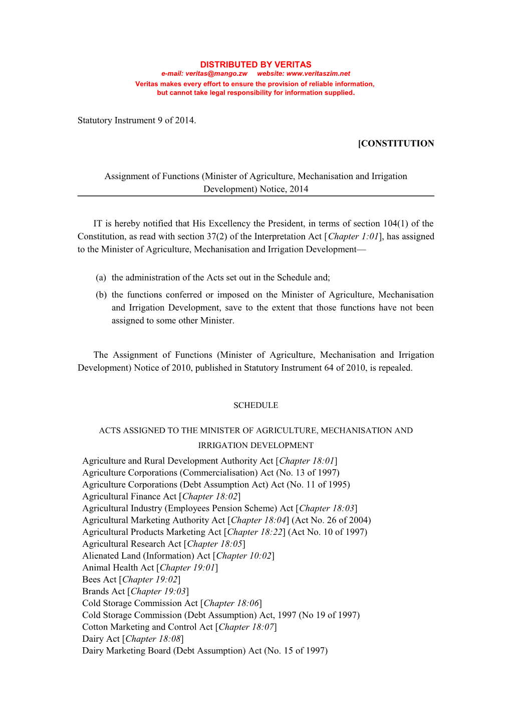 Statutory Instrument 9 of 2014