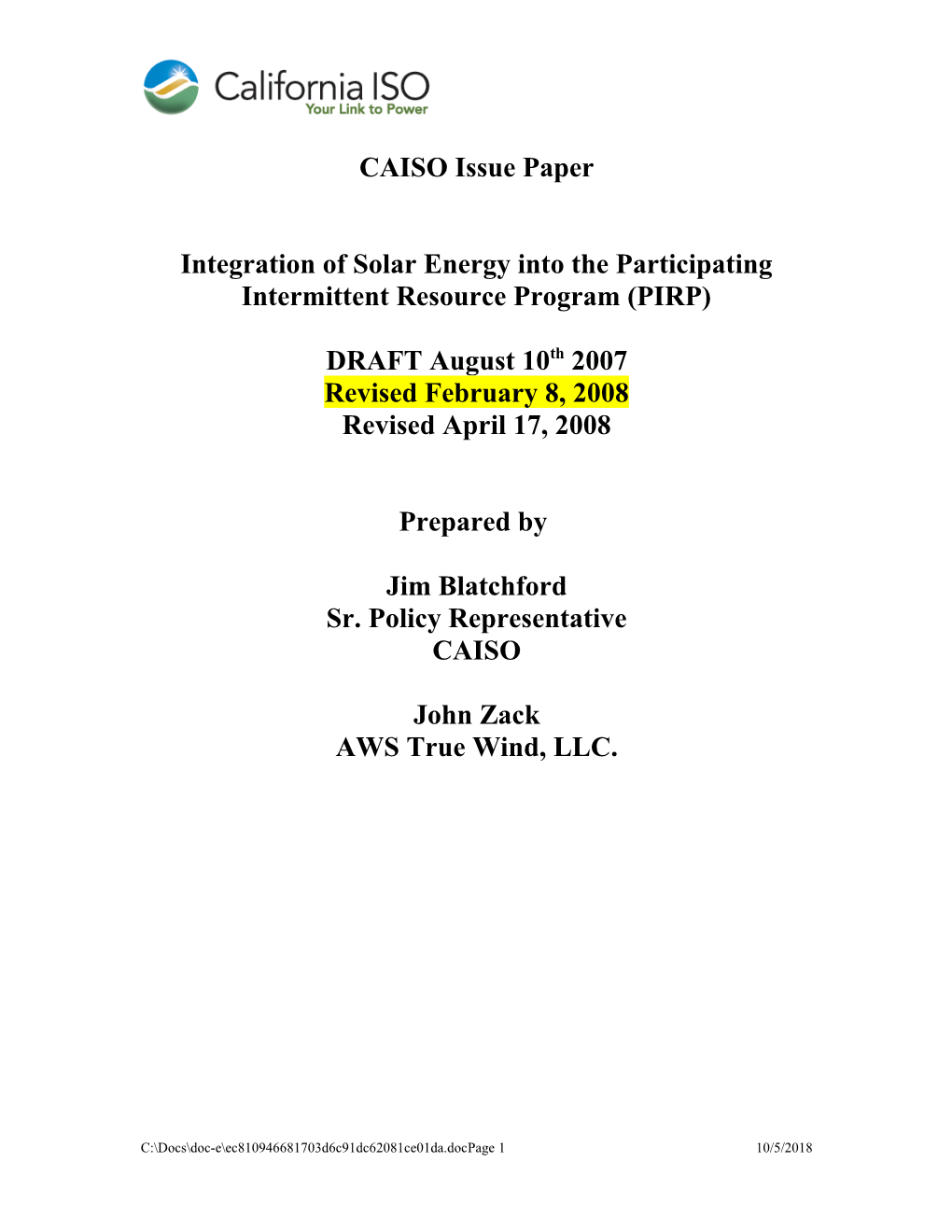 Revised Issue Paper - Integration of Solar Energy Into PIRP 17-Apr-2008