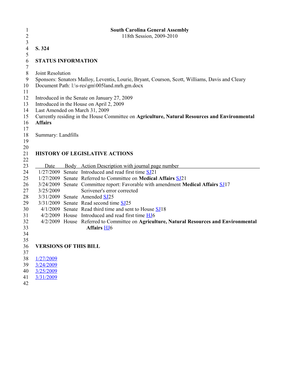 2009-2010 Bill 324: Landfills - South Carolina Legislature Online