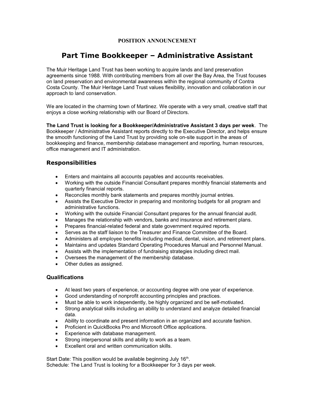 Part Time Bookkeeper Administrative Assistant