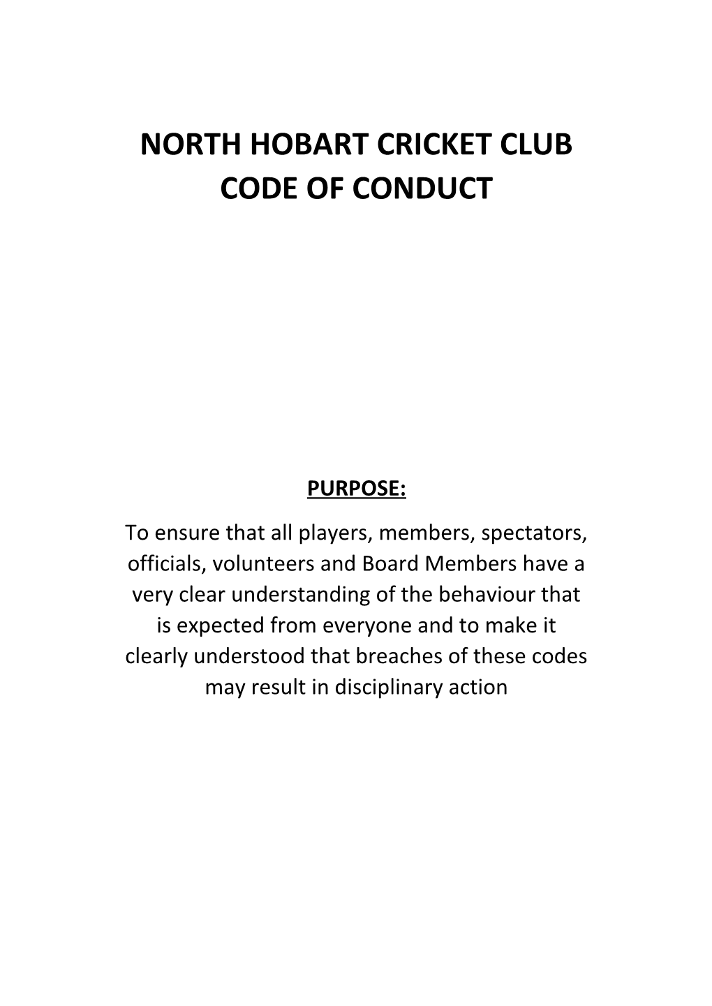 North Hobart Cricket Club Code of Conduct