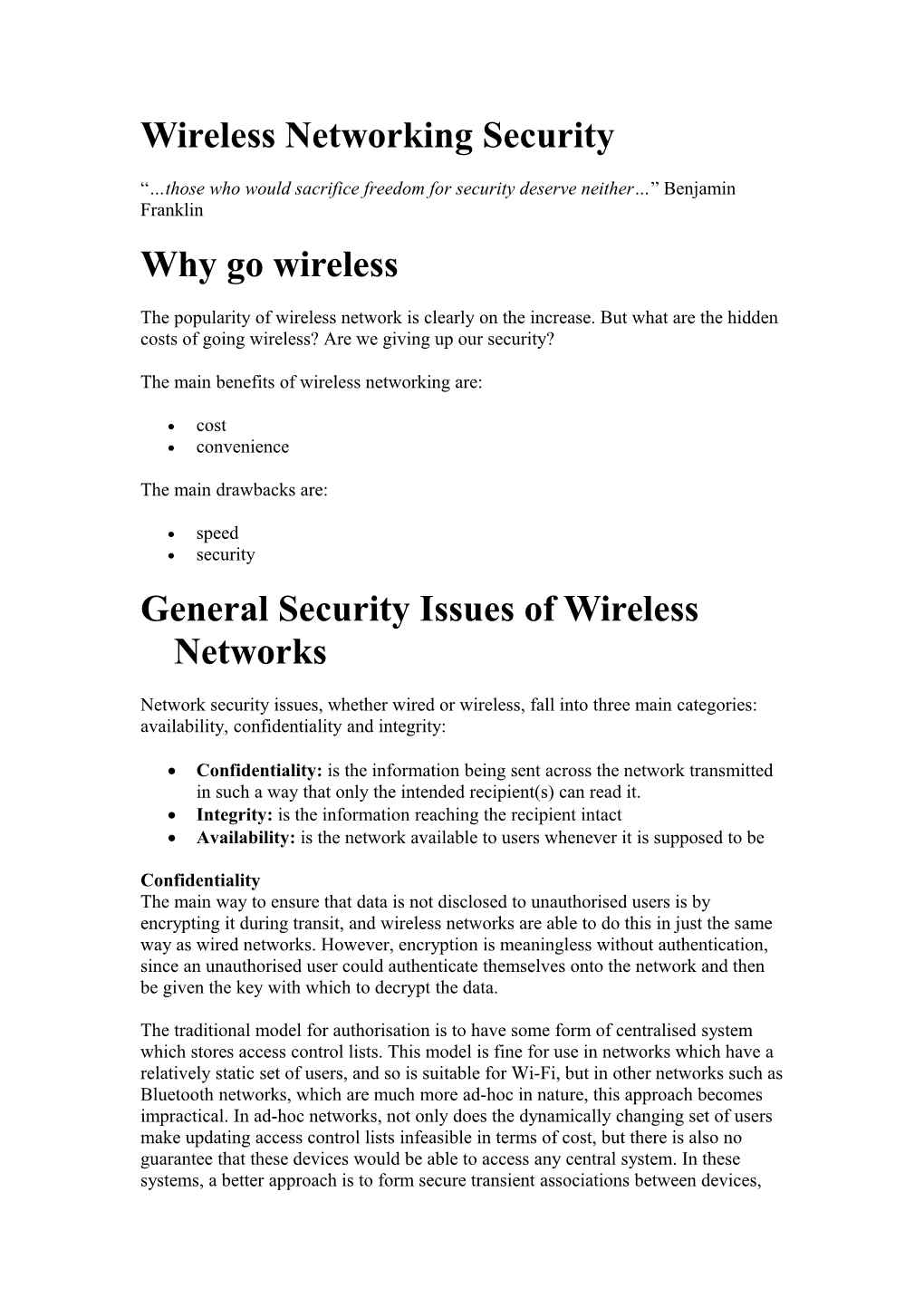 Wireless Networking Security