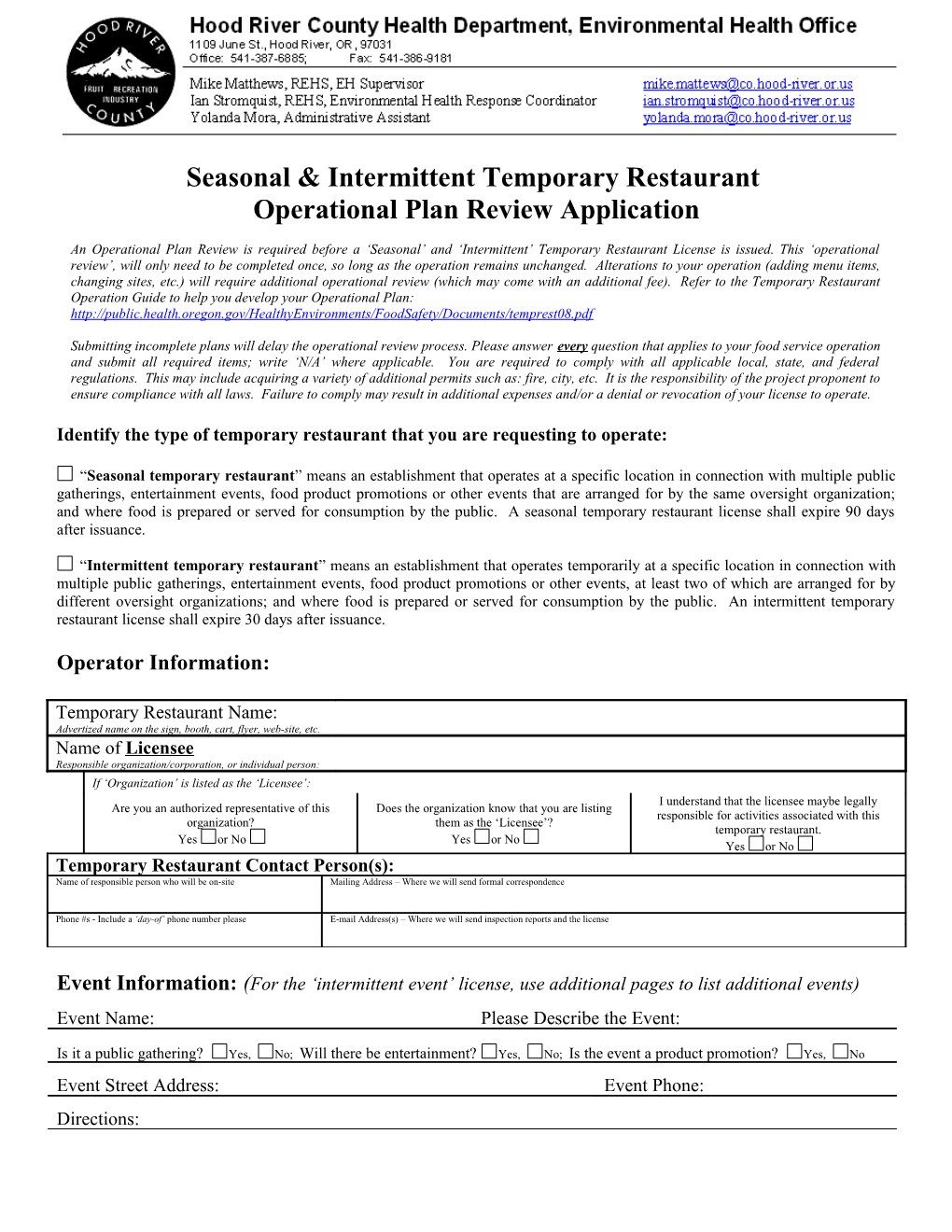 Seasonal & Intermittent Temporary Restaurant