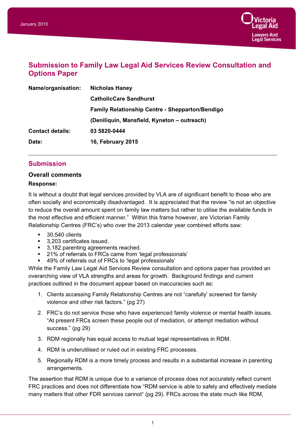 Submission Form for Family Law Legal Aid Services Review Consultation and Options Paper