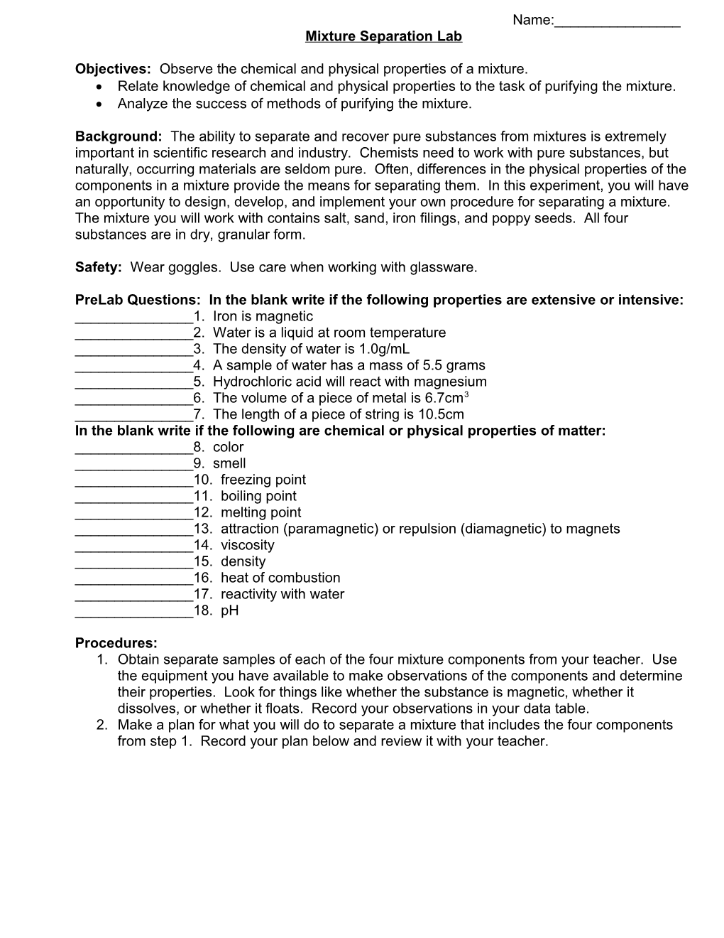 Mixture Separation Lab