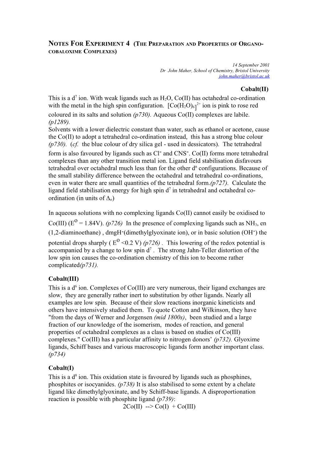 Notes for Experiment 4 (The Preparation and Properties of Organo-Cobaloxime Complexes)