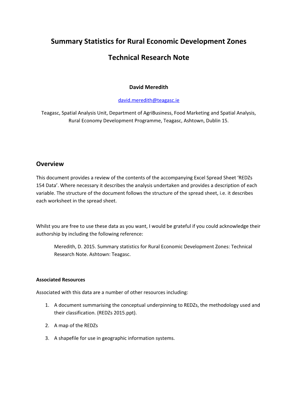 Summary Statistics for Rural Economic Development Zones