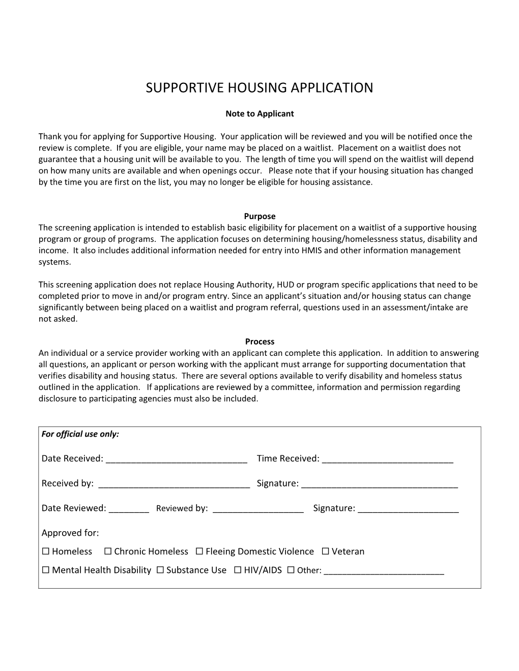 Supportive Housing Application