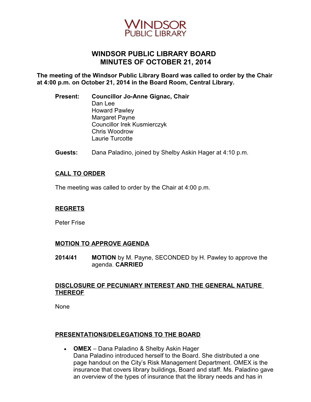 Windsor Public Library Board Meeting Minutes October 21, 2014