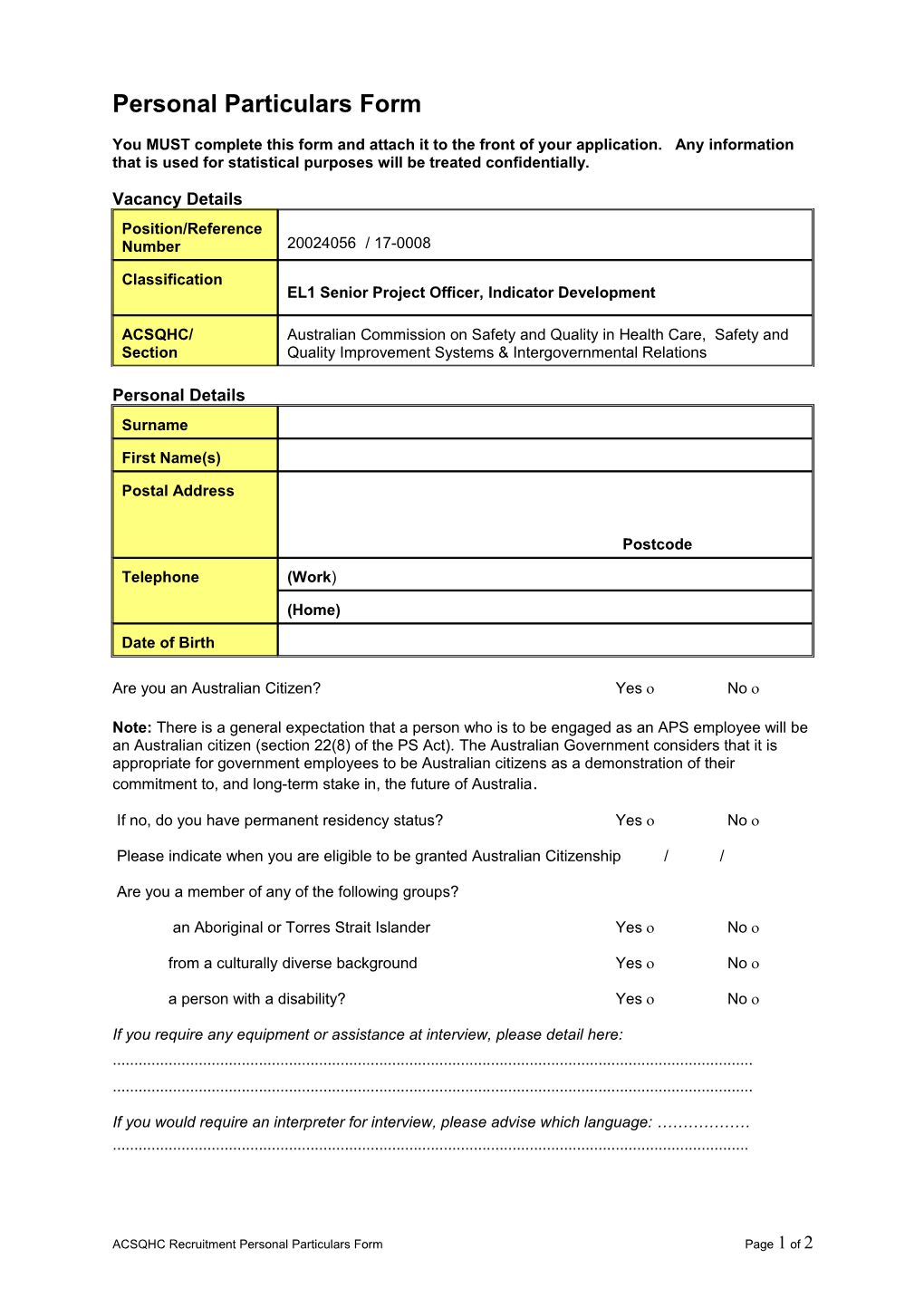 Personal Particulars Form